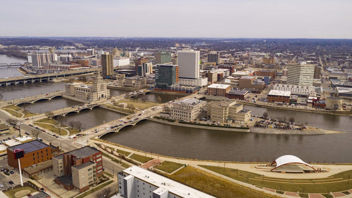 Aerial Perspective of Cedar Rapids Iowa Urban Waterfront
